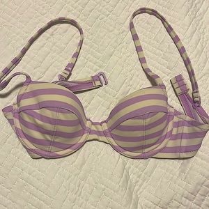 J crew purple and white striped cupped bikini top with underwire size 32A